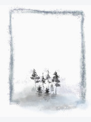 Winter Forest Landscape with Foggy Frame Isolated on White. Mythical Forest Scenery for Print, Design, Stationery, and Decoration.