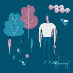 Man walking and playing with his dog. Flat style vector modern illustration.