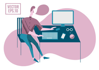 Young man working on the computer programmer, business analysis, design, strategy. Modern flat vector illustration.