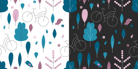 Cotton fabric Seamless pattern with bicycle in park. Vector modern flat illustration. Energy saving theme background.