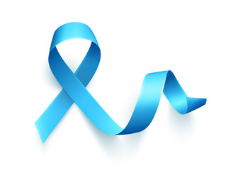 Realistic blue ribbon over white background. Symbol of prostate cancer awareness month in november. Vector