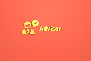 3D illustration of Advisor, yellow color and yellow text with red background.