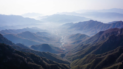 Wonderful landscape of a Chinese village from the top of the Great Wall of China