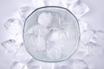 Cold water is in a glass and ice is placed around it. On the white floor. 