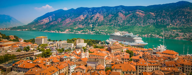 Panoramic view of Kotor, Montenegro. Cruise ship in port.