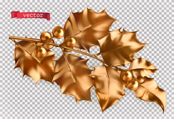 Golden holly. Christmas decoration. 3d realistic vector icon