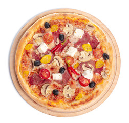Delicious pizza served on wooden plate isolated on white