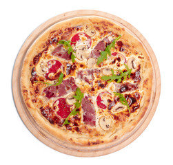 Delicious pizza served on wooden plate isolated on white