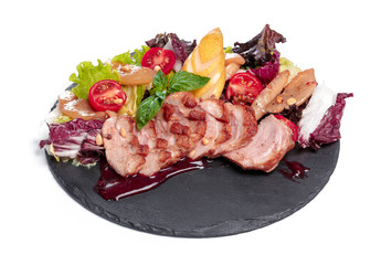 grilled meat : beef ( lamb ) garnished with tomatoes ,lettuce