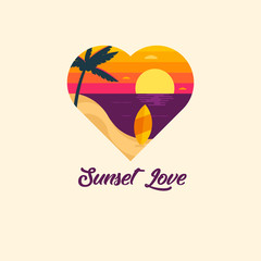 Vector Sunset Love Beach Illustration with Surfing Board and coconut tree on Summer Beach Scenery. Sunset flat design with evening flat sky