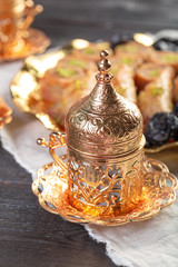 Background with assorted traditional eastern desserts. Different Arabian sweets