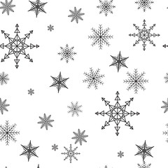 Snowflake simple seamless pattern. Black snow on white background. Abstract wallpaper, wrapping decoration. Symbol of winter, Merry Christmas holiday, Happy New Year celebration Vector illustration