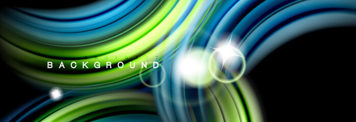 Mixing color waves on black, liquid flowing shapes