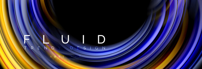 Background abstract design, flowing mixing liquid color waves on black