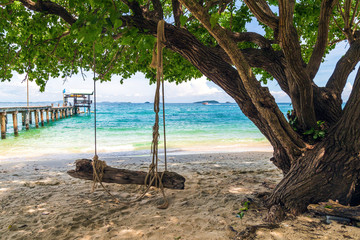 Wooden swing hanging from a tree on the beach with wooden bridge a pavillion on sea background.