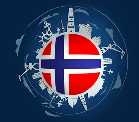 Circle with sea shipping and travel relative silhouettes. Objects located around the circle. Industrial design background. Norway flag in the center. 3D rendering