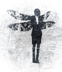 Young business woman silhouette with wings of dragonfly