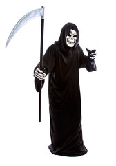 Costume of a skeleton grim reaper wielding a scary scythe.  The undead ghost is wearing a black...