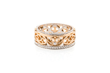 Pink gold and white gold ring with floral pattern isolated on white background