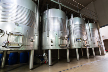 Big stainless steel reservoirs for the fermentation of wine