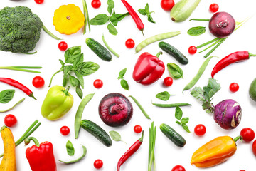 Various fresh vegetables on white background