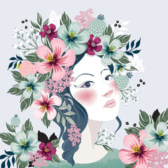 Vector illustration of a girl with floral headdress in spring for Wedding, anniversary, birthday and party. Design for banner, poster, card, invitation and scrapbook