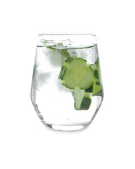 Glass of fresh cucumber water on white background