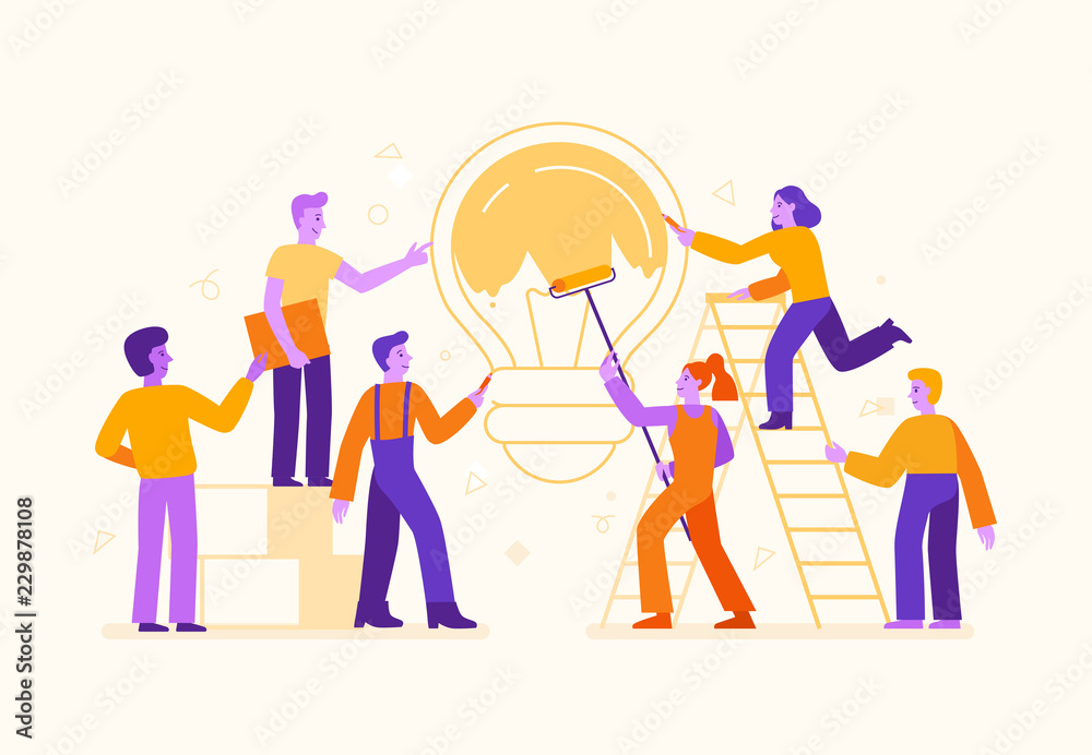 Poster vector illustration in flat simple style with characters - cartoon people working on creative idea