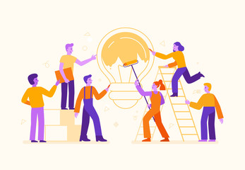 Vector illustration in flat simple style with characters - cartoon people working on creative idea