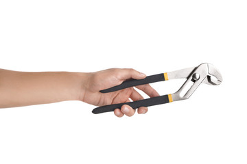 Pliers in male hand isolated on white