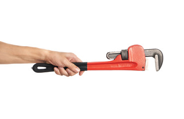 Pipe wrench in male hand isolated on white