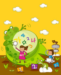 Obraz na płótnie Canvas Girl holding a magnifying glass with another girl using a laptop near a giant frog