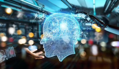 Cyborg creating artificial intelligence 3D rendering