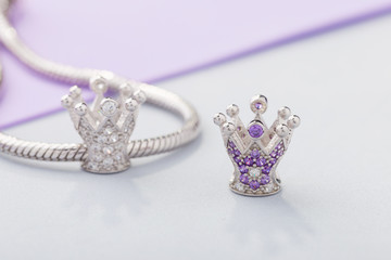 Crown shaped charm bead with purple gems for chain bracelet