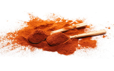 Pile of red pepper, paprika powder with wooden spoon isolated on white background