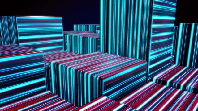 Colorful cubes neon light background, LED cubes background. Ultraviolet light, glowing neon cubes made of lines, modern colorful illumination. Looped seamless footage for your event, concert, title