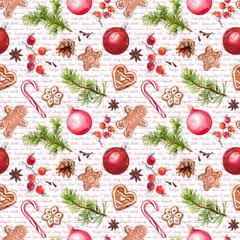 Christmas baubles, ginger bread cookies, christmas tree branches, red berries. Seamless pattern with congratulations text. Watercolor