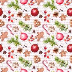 Stoffe zum Nähen Christmas baubles, ginger bread cookies, christmas tree branches, red berries. Seamless pattern with congratulations text. Watercolor