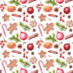 Stoffe zum Nähen Christmas baubles, gingerbread cookies, spruce tree branches, red berries, cinnamon, candycane, orange. Repeating pattern. Watercolor