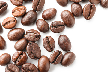 Roasted coffee beans on white background