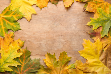 Naklejka na ściany i meble Frame made of autumn leaves on wooden background
