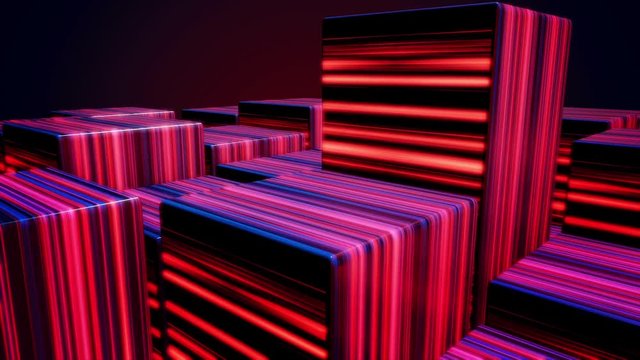 Magical and colorful boxes made of shining beam. Rainbow LED Background. Neon 80s style abstract cubes animation