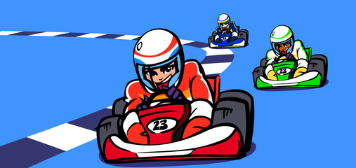 Three people participating in a go-carting race - obrazy, fototapety, plakaty
