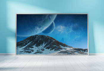 Large horizontal frame leaning on a blue wall 3D rendering