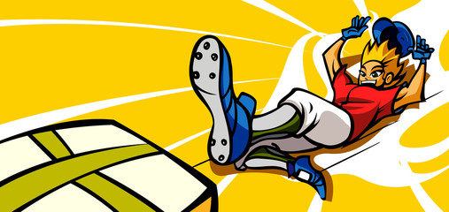 Baseball player sliding towards the home base