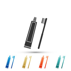 Tube of toothpaste and toothbrush icon isolated on white background. Set elements in colored icons. Flat design. Vector Illustration