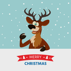 Merry Christmas greeting card with cute reindeer, deer with text 