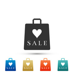 Shopping bag shop love like heart symbol with an inscription sale icon isolated on white background. Set elements in colored icons. Flat design. Vector Illustration