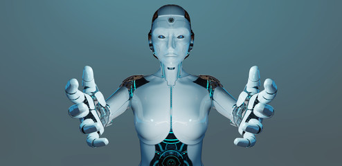 White woman cyborg opening her two hands 3D rendering