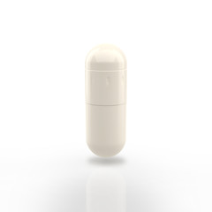 White pill capsule supplement on white background. 